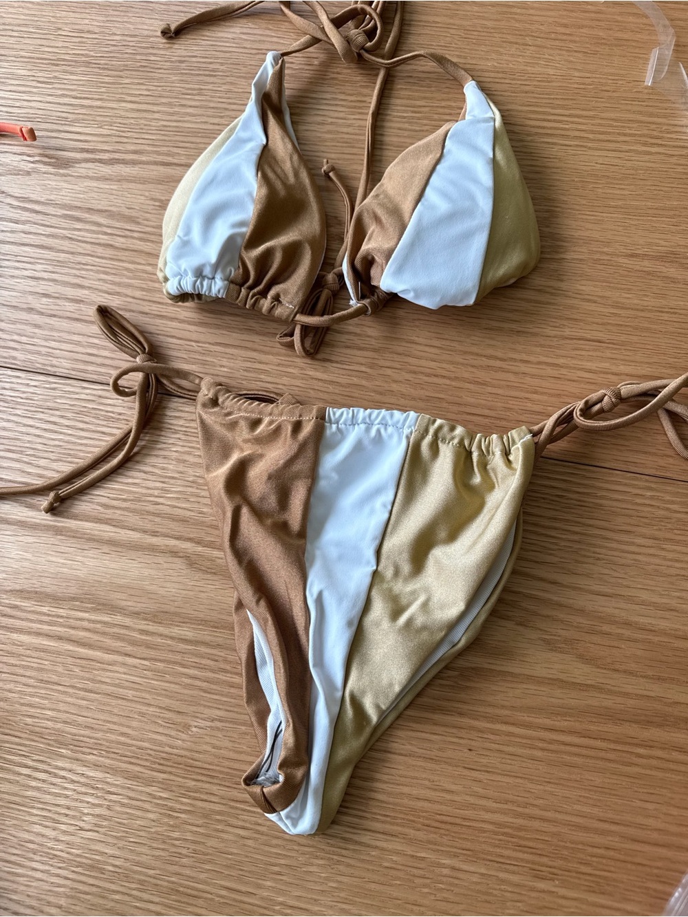 Striped Triangle Bikini Set in Brown, White & Gold